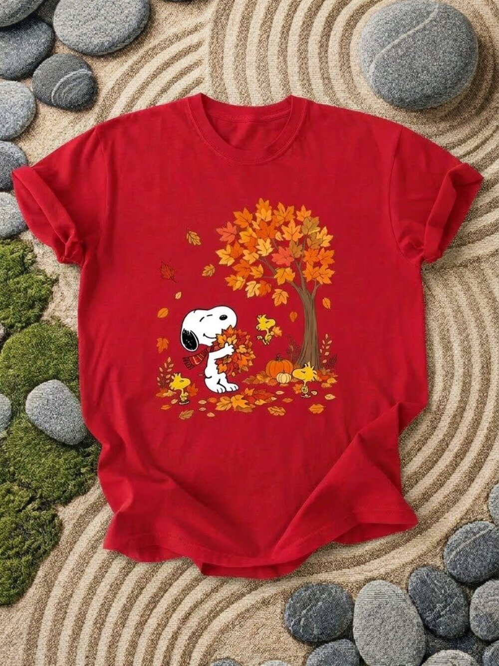 Autumn Leaves & Cute Cartoon Dog Black Graphic T-Shirt
